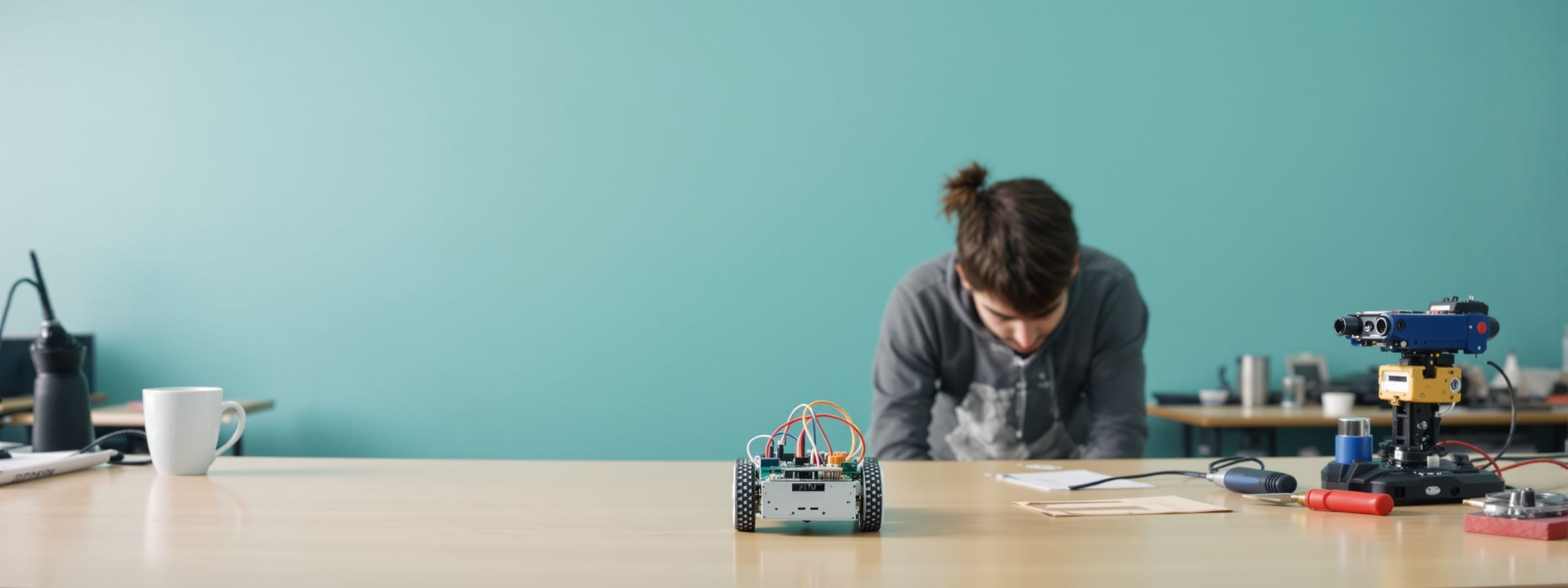Atölye tezgâhında yarısı kurulmuş tekerlekli robot, kablolar ve üzerine eğilmiş bir öğrenci