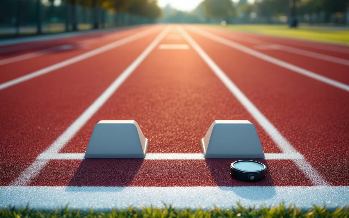 Atletizm pistinde başlangıç blokları ve çizgiler