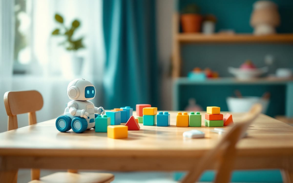 Çocuk masasında renkli kodlama blokları ve küçük robot oyuncak