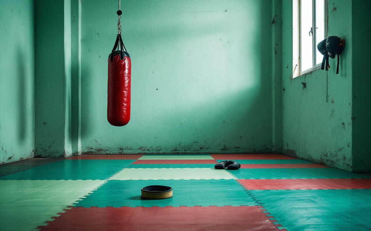 Dojoda tatami zemin, duvarda asılı eldivenler ve kum torbası