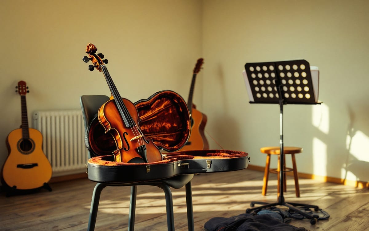 Müzik odasında duvara dayalı keman, gitar ve nota sehpası