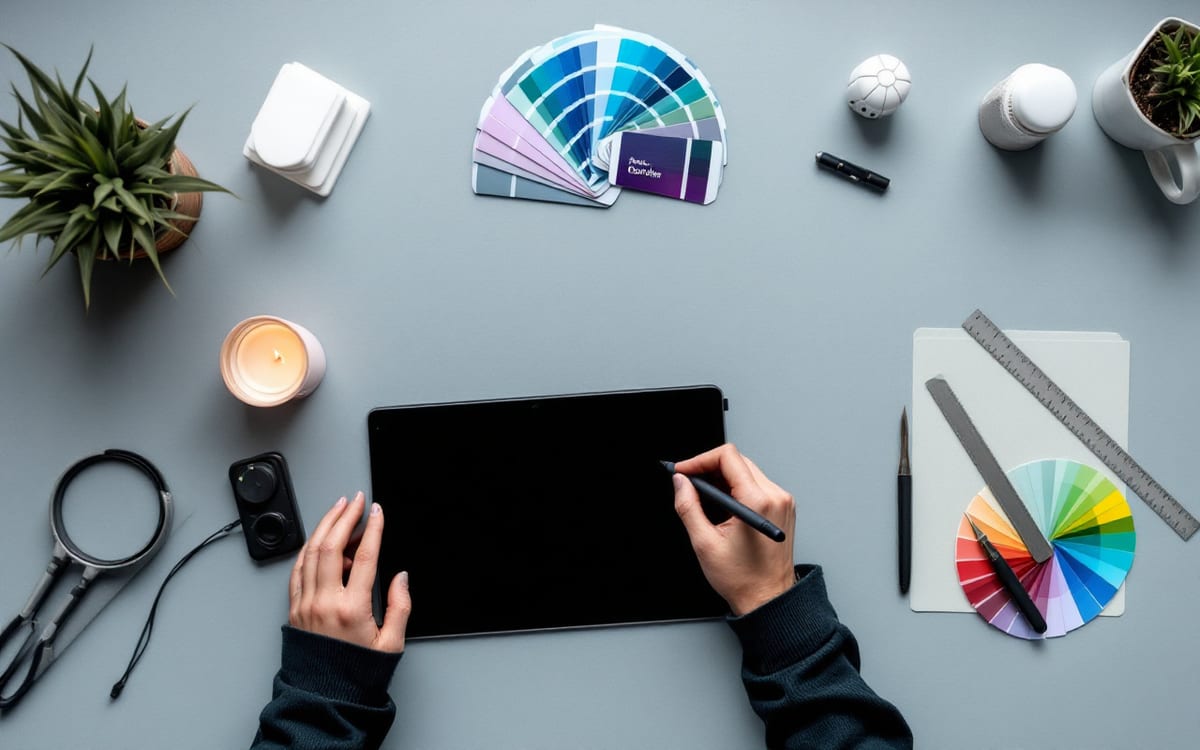 Tasarım masasında grafik tablet, kalem ve renk kartelası
