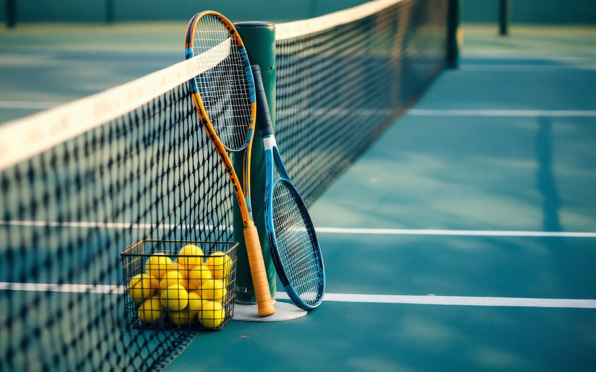 Tenis kortunda file, raketler ve toplarla dolu sepet