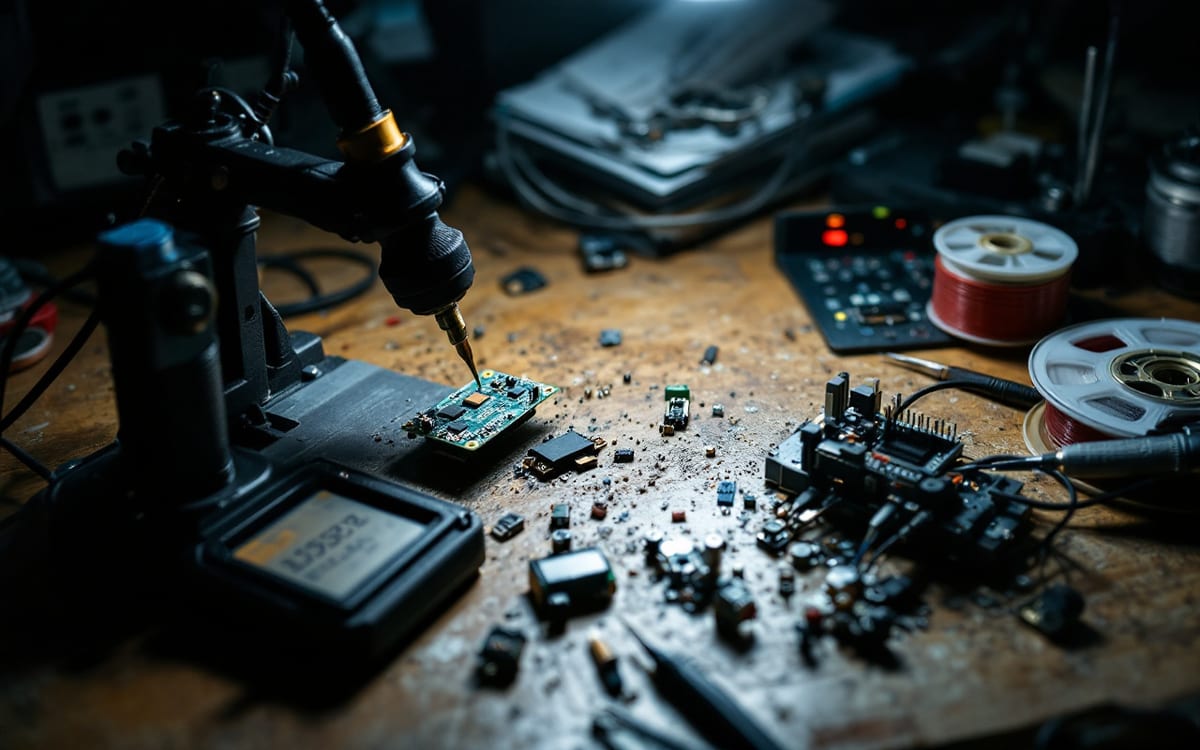 Lehim istasyonunda devre kartı, pens ve robot parçaları