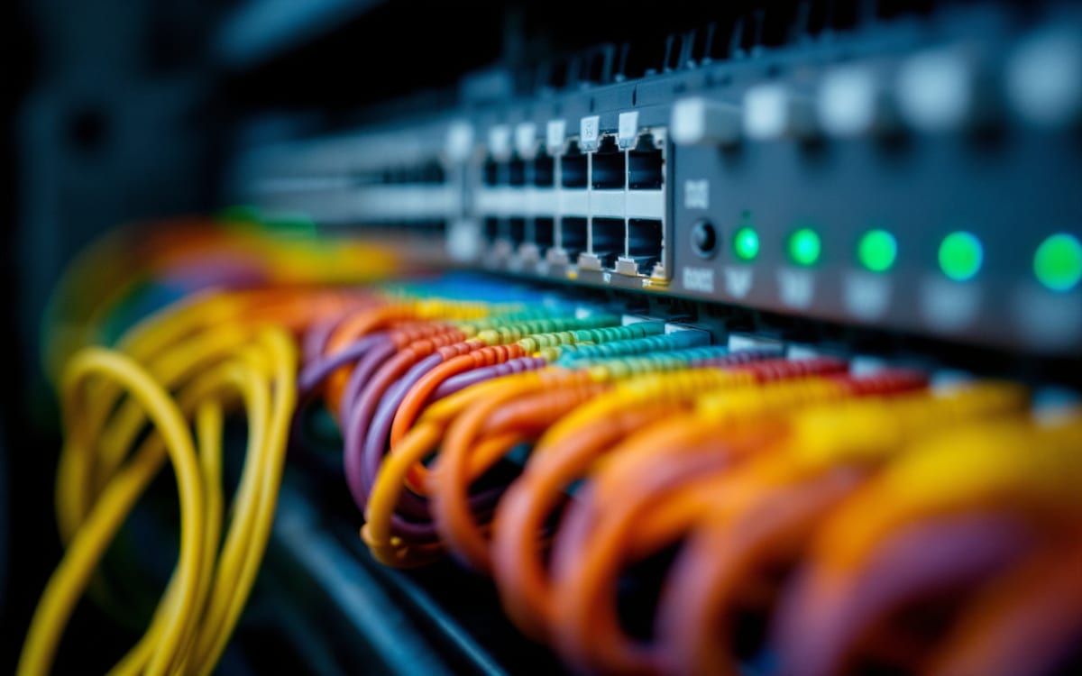 Ağ dolabında patch panel ve renkli kablo demeti