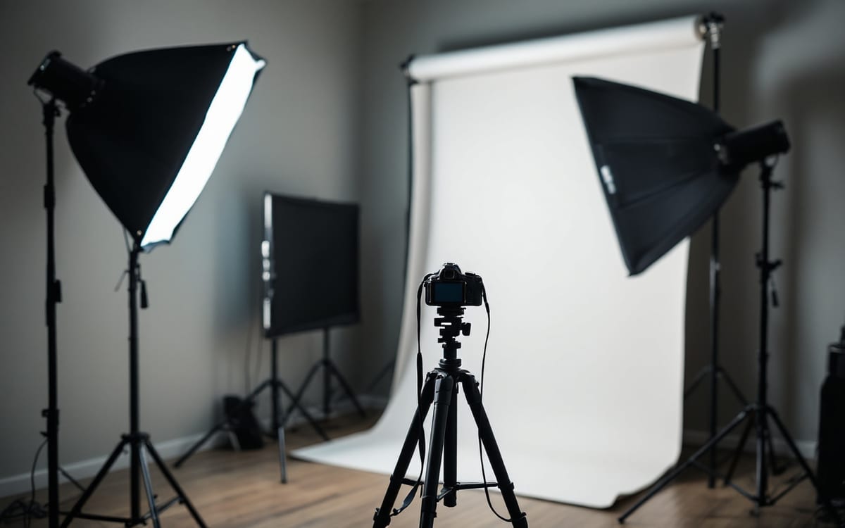 Fotoğraf stüdyosunda softbox, tripod ve fon kâğıdı