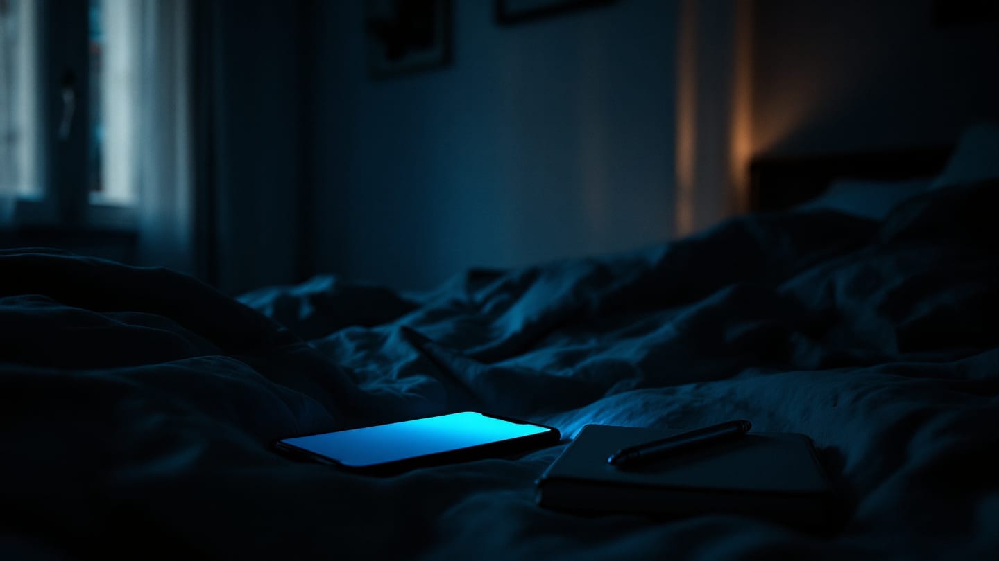 Karanlık odada yorganın üstünde yüzükoyun duran telefon ve dokunulmamış defter