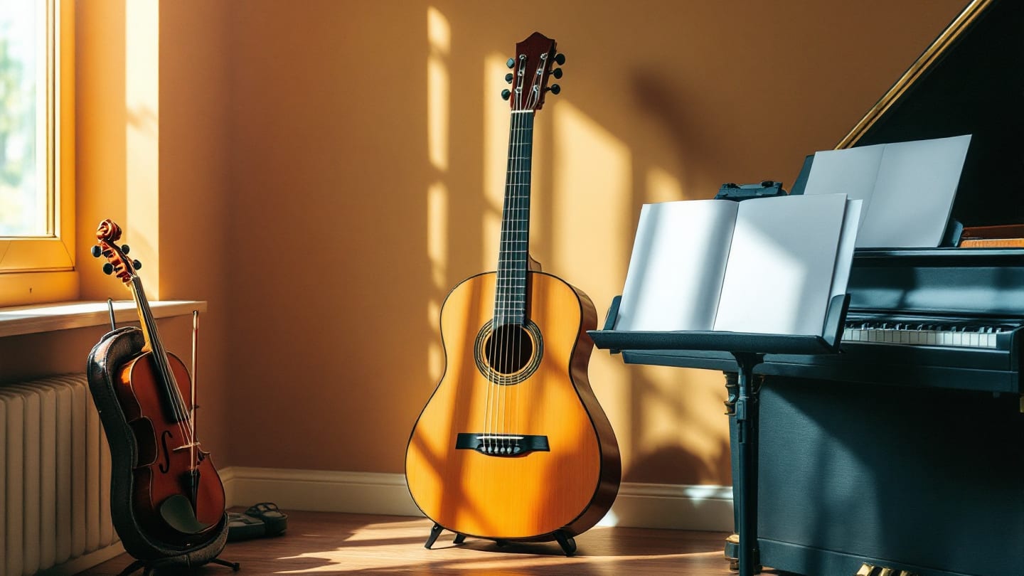 Müzik odasında yan yana duran küçük keman, gitar ve açık duran piyano