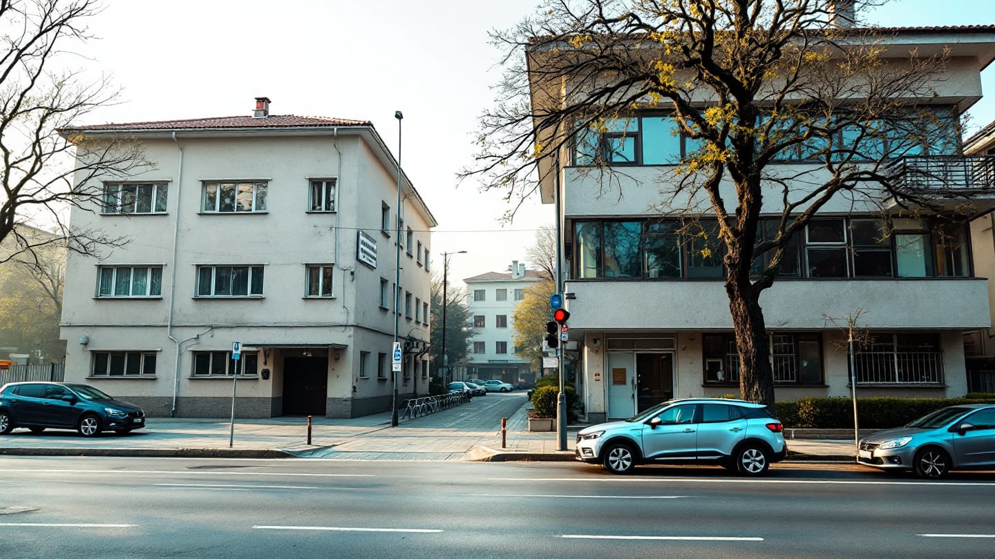Aynı sokakta yan yana duran biri eski biri yeni iki okul binası cephesi