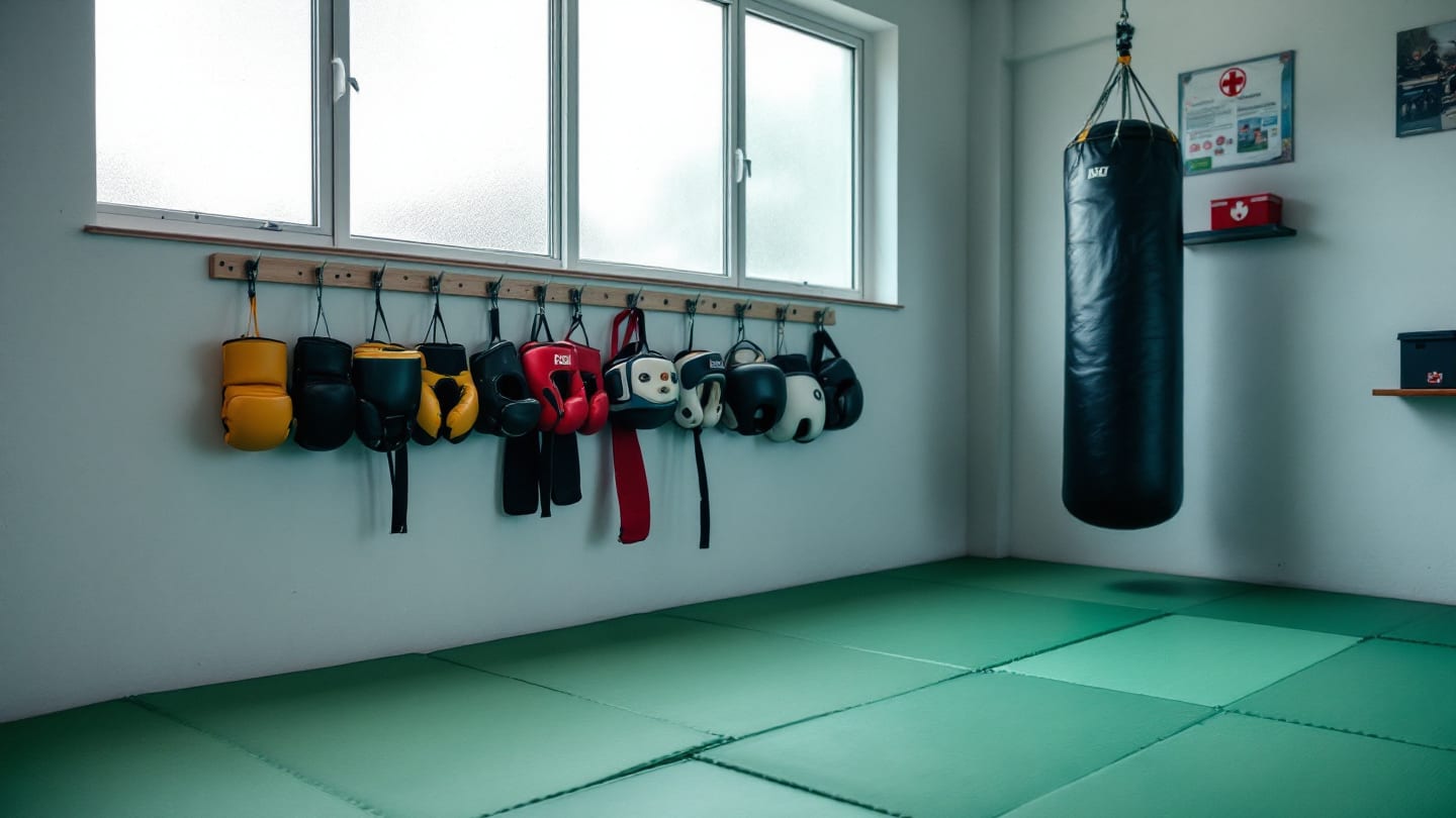 Dojoda tatami zemin, duvar rafında eldivenler, kask ve köşede kum torbası