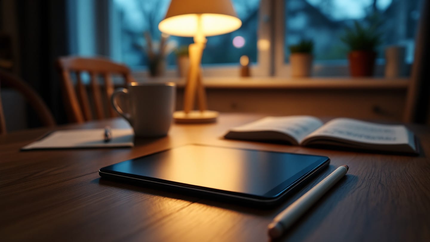 Akşam ışığında masaya yüzükoyun bırakılmış tablet ve yanında açık defter