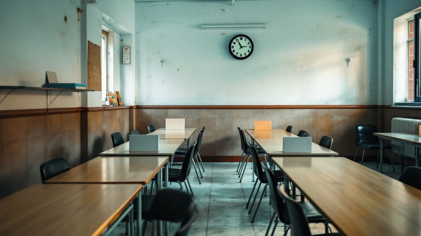 Etüt salonunda ayrılmış çalışma yerleri, uzun masalar ve kenarda klasör rafı
