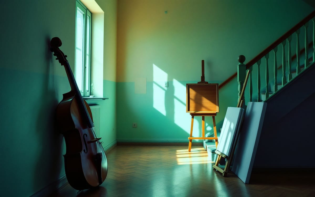 Sanat okulunun aydınlık sahanlığında duvara yaslı çello kutusu, şövale ve nota sehpası