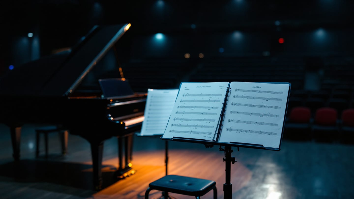 Prova salonunda kuyruklu piyano, nota sehpası ve tek bir spot ışığı