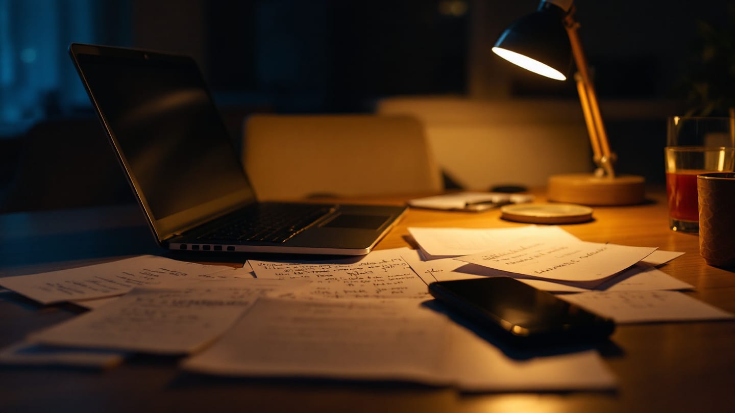 Gece mutfak masasında yetişkin çalışma düzeni: notlar, kapalı dizüstü ve masa lambası