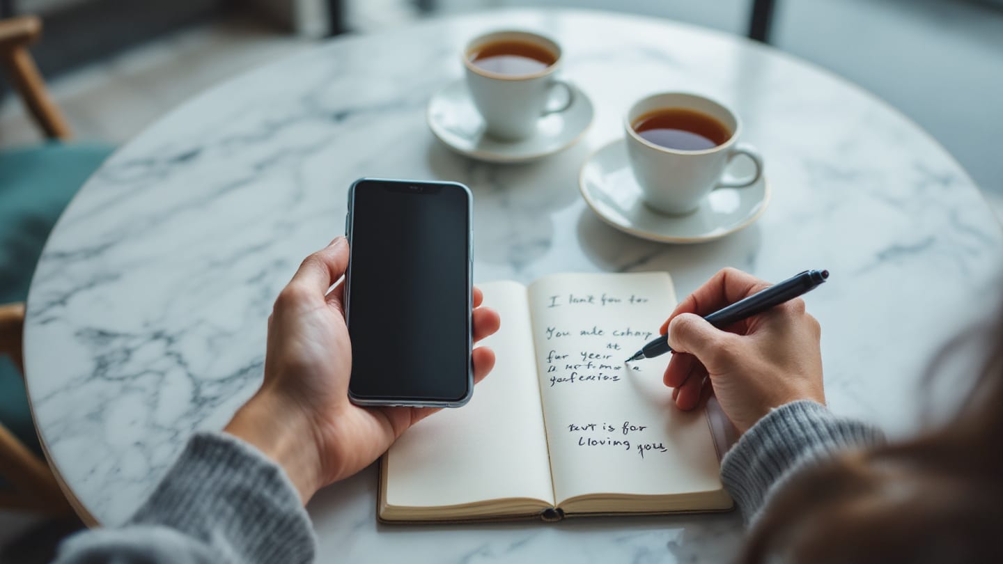 Kafe masasında düşük açıyla tutulan telefon, açık cep defteri ve iki çay bardağı
