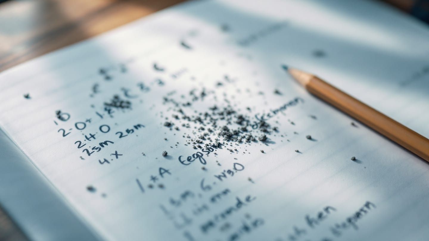 Yarım bırakılmış matematik sayfası, silinmiş satırlar ve silgi kırıntıları