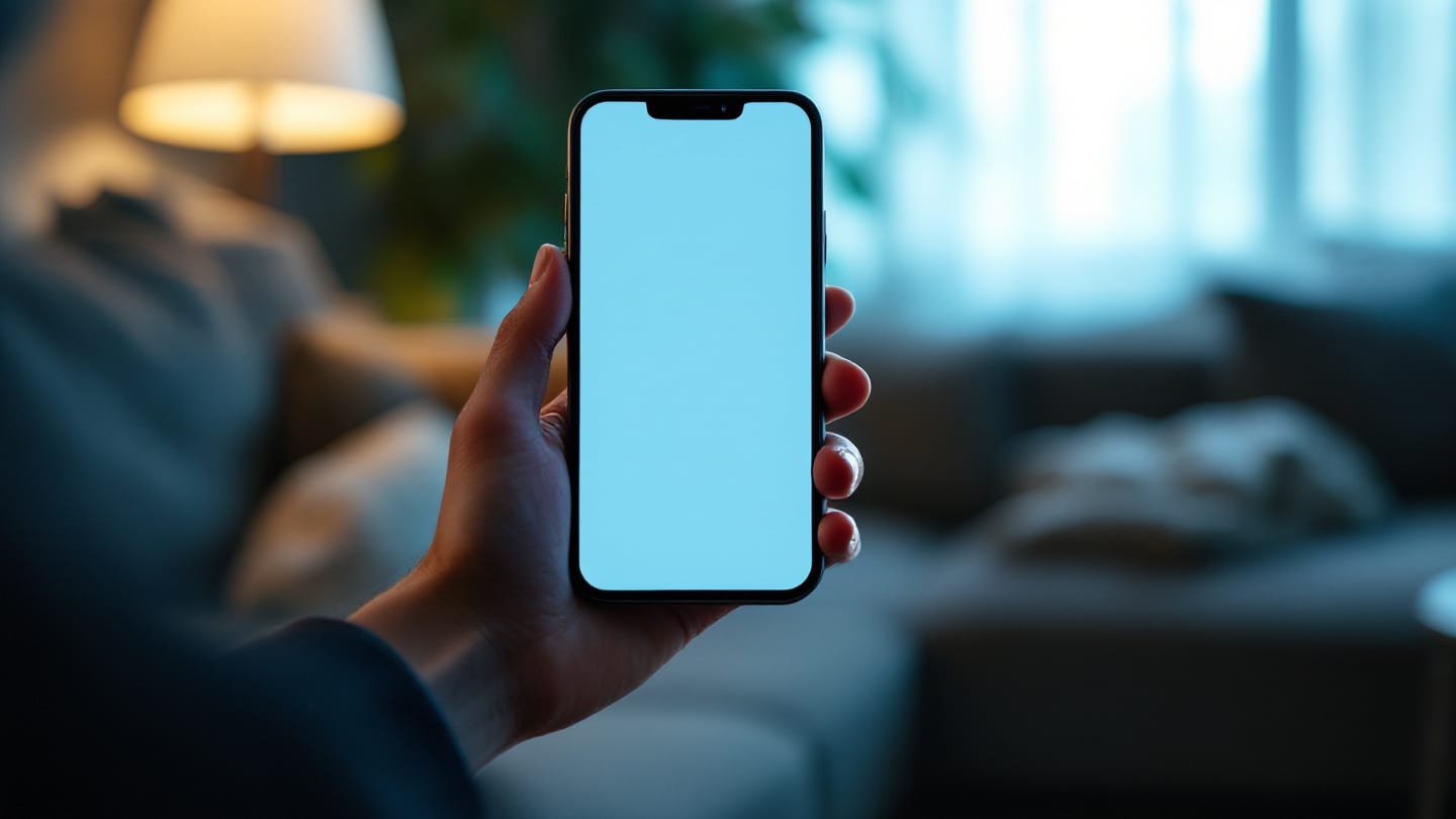Elde düşük açıyla tutulan telefon; ekran görünmüyor, arkada bulanık oturma odası