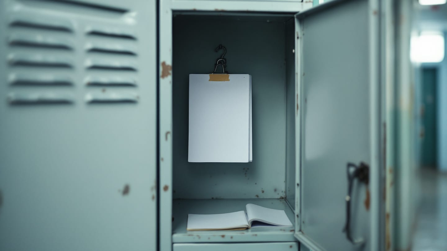 Boşaltılmış okul dolabı, içinde unutulmuş tek bir defter ve açık kapak