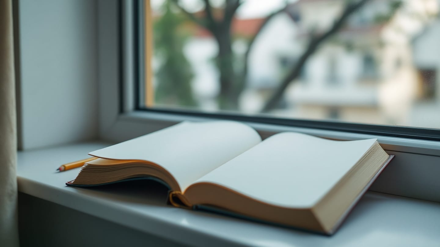 Pencere önünde açık bir kitap, kurşun kalemle çizilmiş satırlar ve ayraç