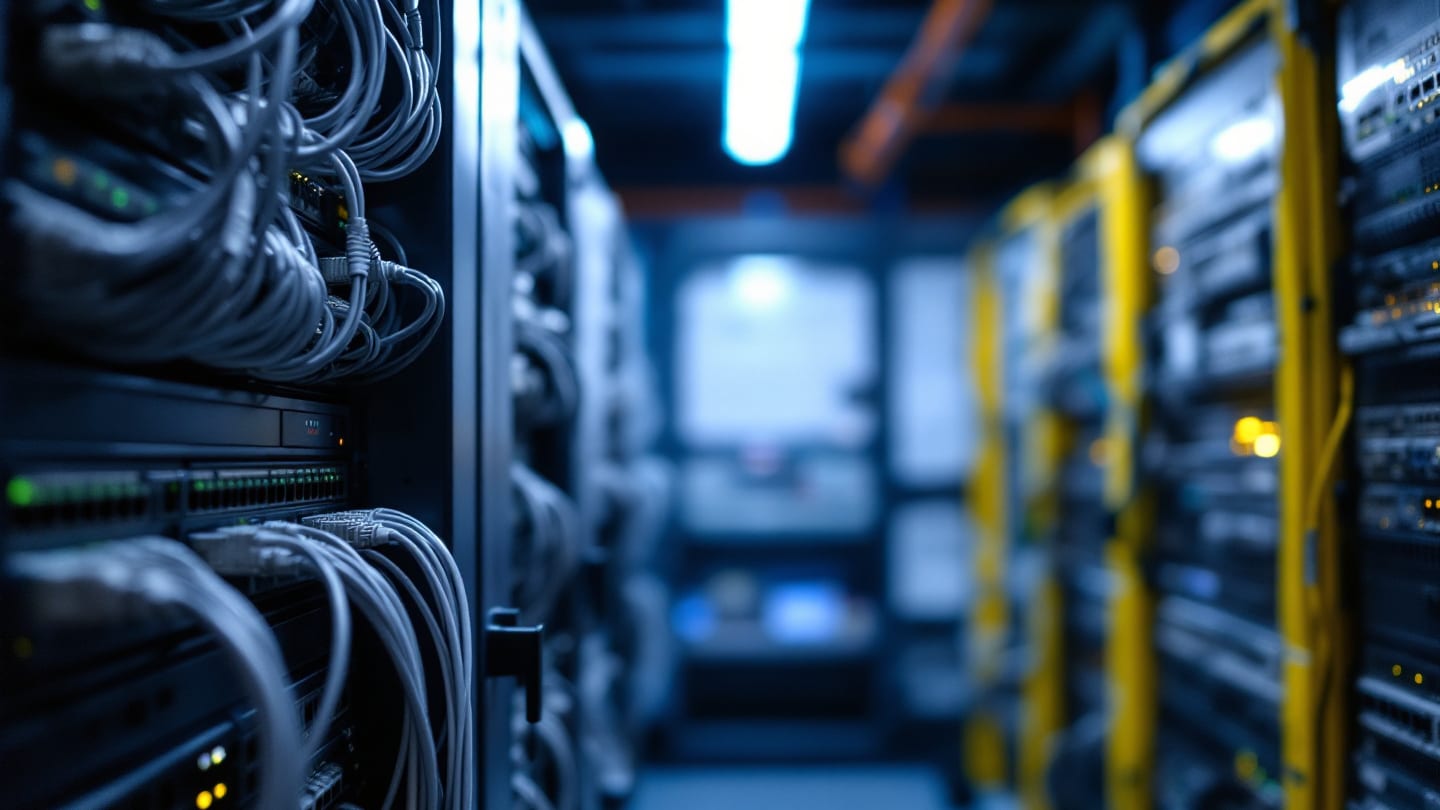 Küçük sunucu odasında raflar, patch panel ve düzenli kablo demetleri