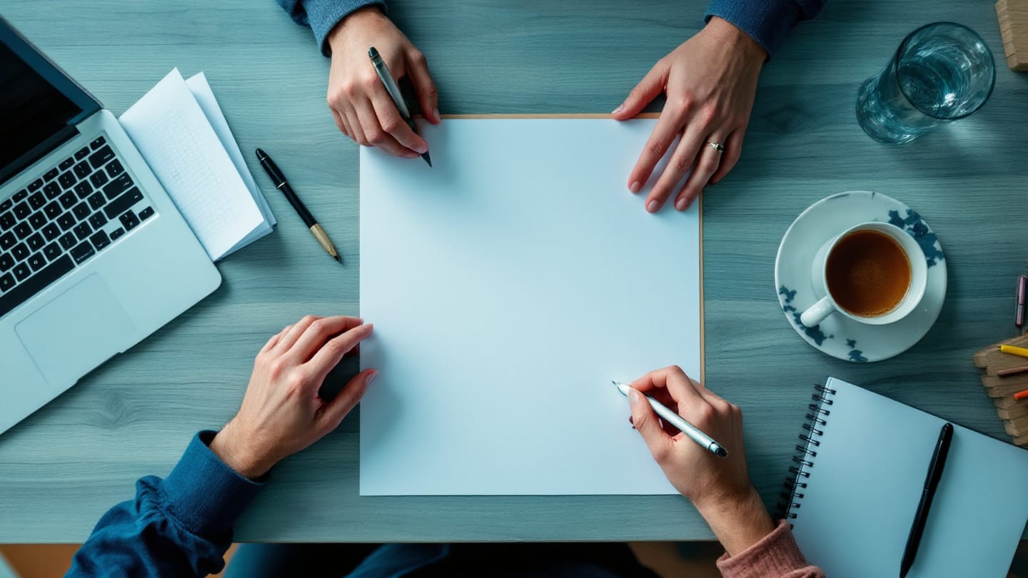 Masada birlikte bakılan boş liste, iki farklı kalem ve iki çay bardağı