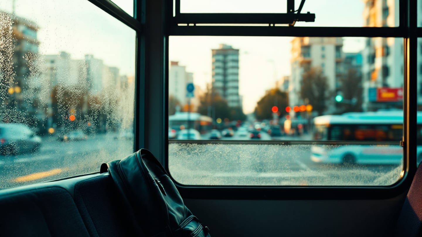 Akşam trafiğinde otobüs camından görünen şehir ve koltuktaki okul çantası