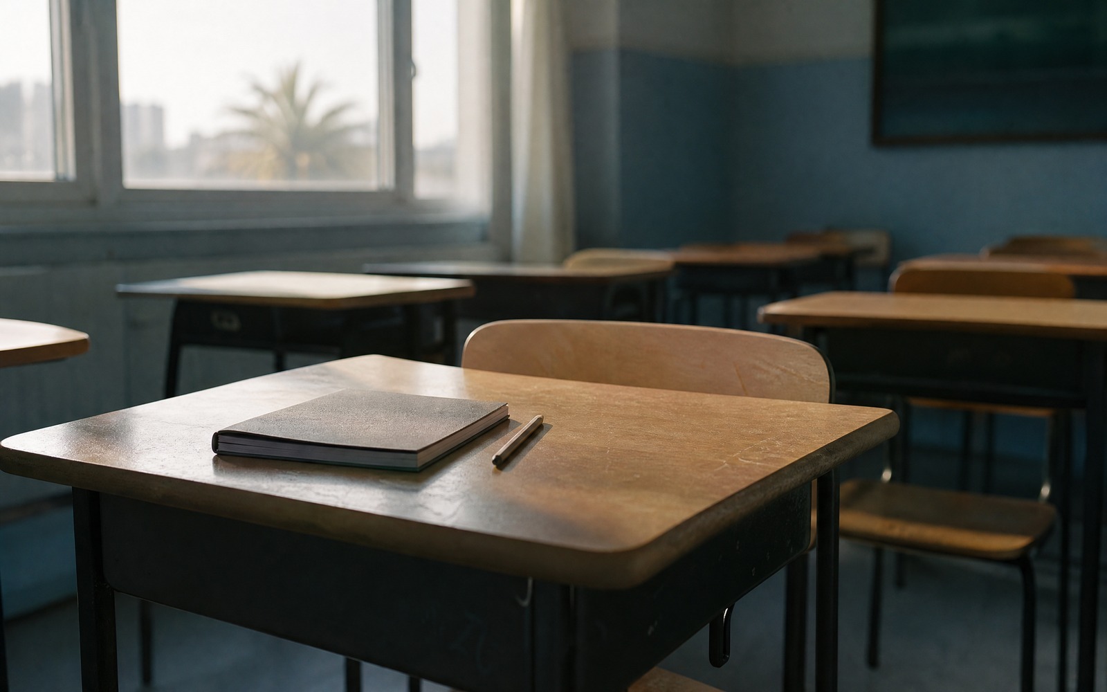 Boş sınıf sırasında tek bir açık defter, yandan gelen ışık