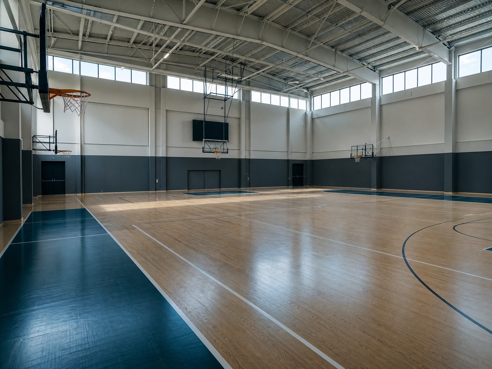 Kapalı basketbol salonunun köşeden geniş görünümü, boş saha